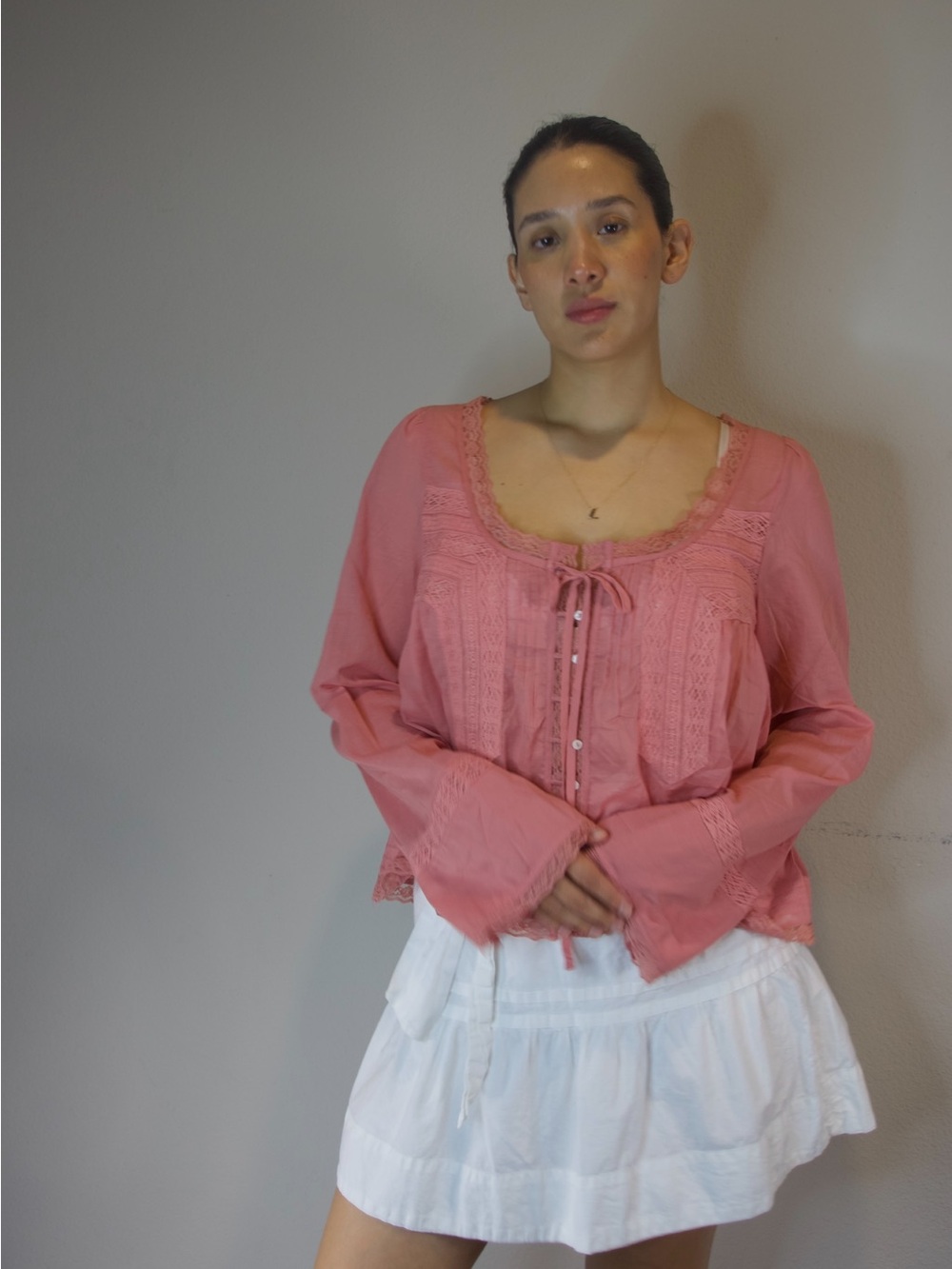 Free People Lace Trim Button Down Blouse Glowing Mauve Size M